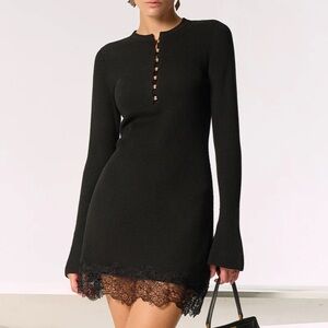 Wool Blend Lace Hem Metal Button Mini Dress